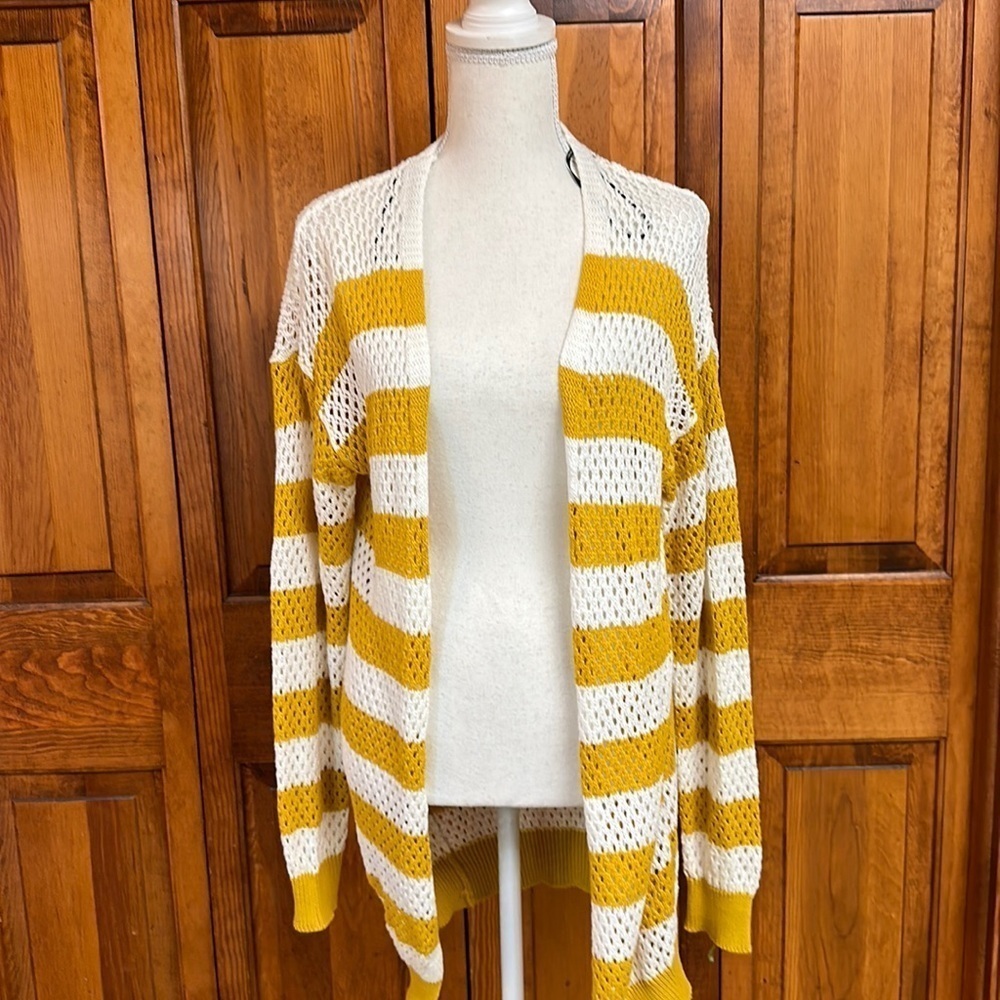 Forever 21 Gold & White Stripes Open Front Long Line Knit Cotton Cardigan
